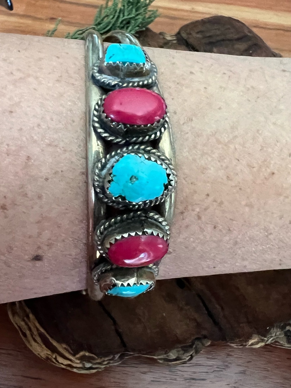 Navajo Coin Silver Bracelet Cuff Blue Turquoise Red Coral XL - Picture 2 of 10